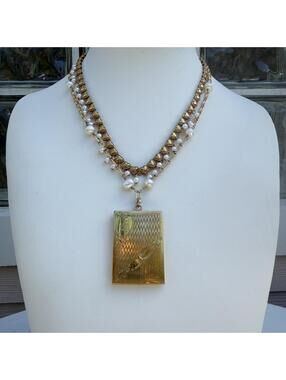 Antique Art Deco Four Photo Gold Fill Locket Necklace with Pearl Chains.
